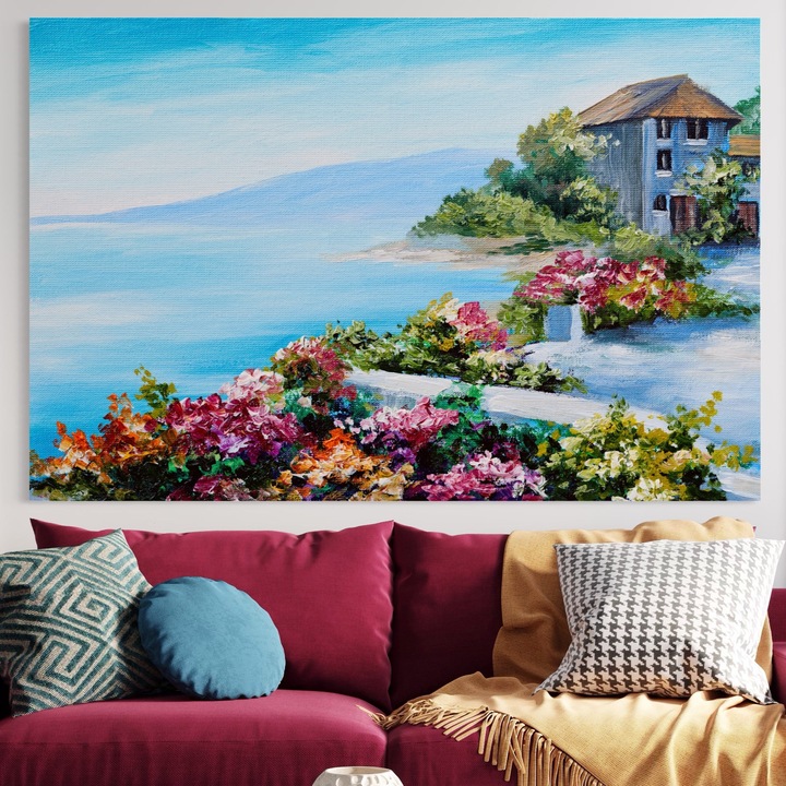 Картина върху платно, LuxCanva® A1239, Цветя край морето, 40 X 60 см, 100% памучно платно 400 г/м2, дървена рамка, декоративна, хол, пейзаж, цветя, море, планина, спалня, ярки цветове