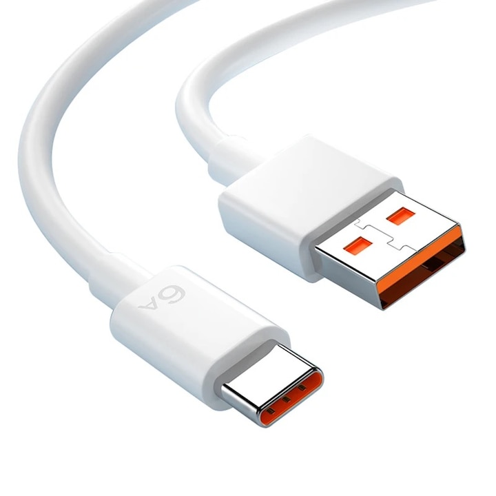 Cablu date si incarcare rapida SuperCharge 66W, AHA PRINT, pentru Huawei, Oppo, PREMIUM, USB la USB-C, Type C, 2m, alb-portocaliu