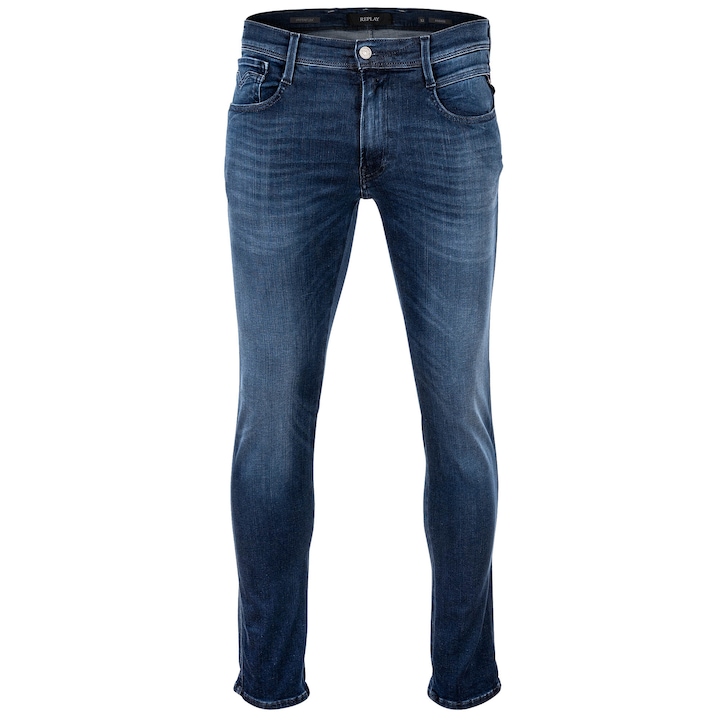 Replay, Blugi slim fit Hyperflex Anbass, Albastru inchis