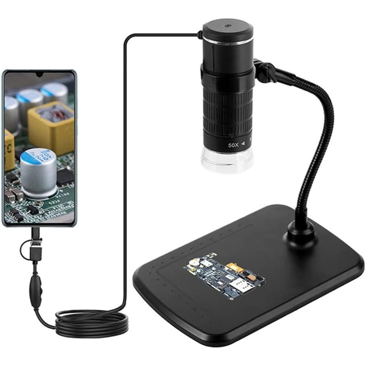Digitális mikroszkóp, Bolongking, USB, 3 az 1-ben, ellenőrző kamera, 50X-1000X 8 LED, fekete