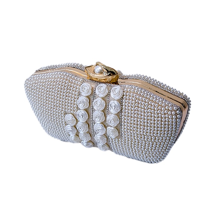 Alkalmi taska, Opulent Style, clutch tipusu, viragos es gyongy diszito reszletekkel, 22x11x5, Krémszín, 22x11x5 cm