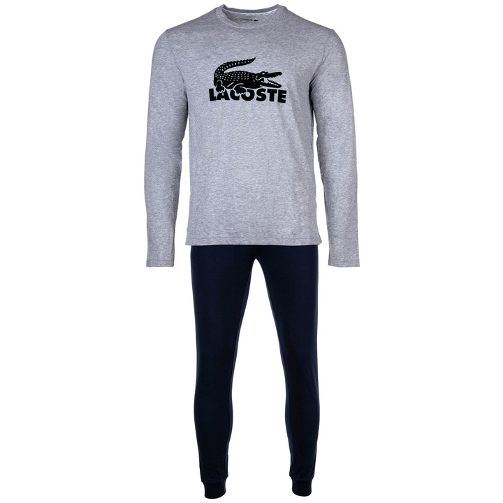 Lacoste, Пижама с модал и кадифено лого, Сив/Тъмносин, L