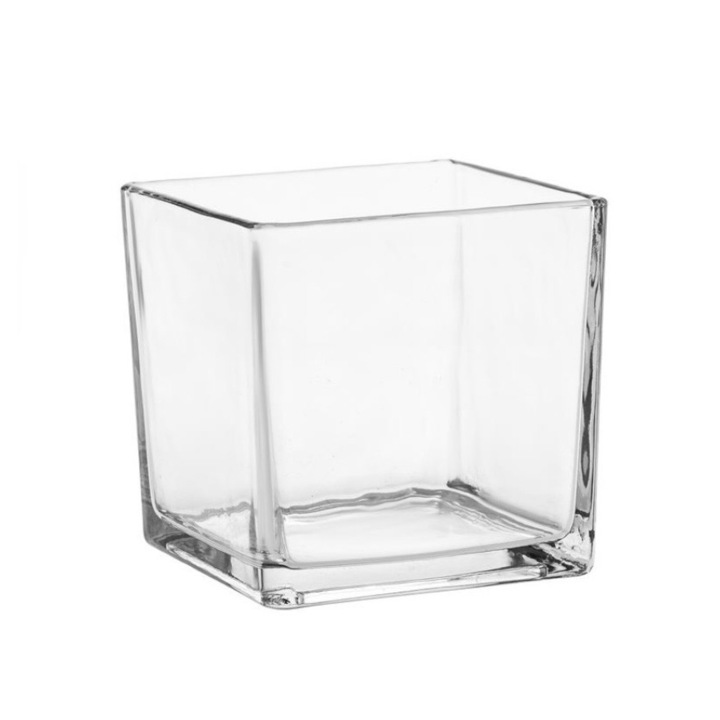 Vaza decorativa din sticla transparenta, patrata, 12x12x12 cm