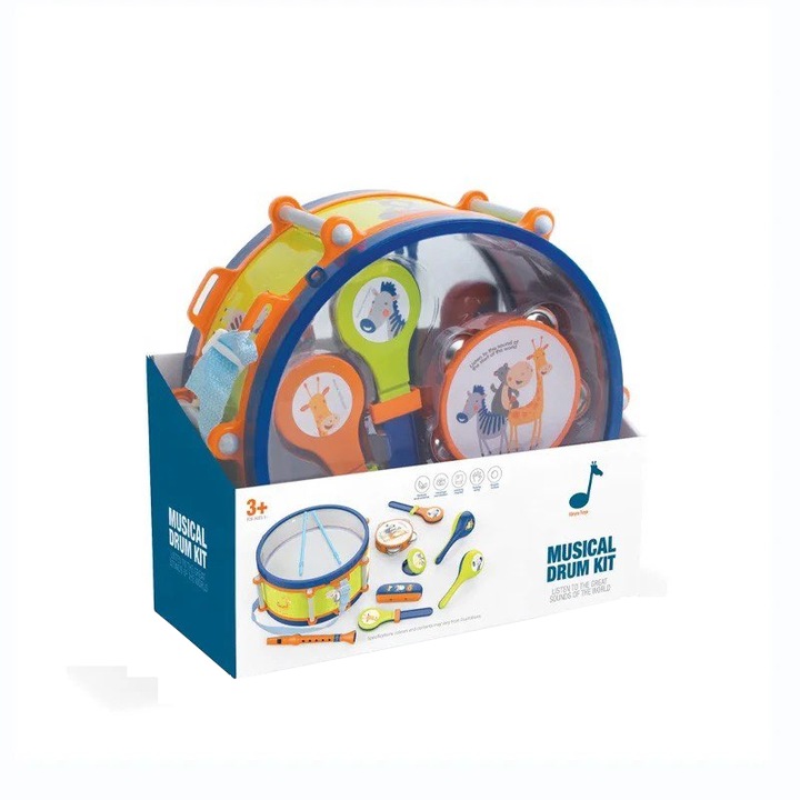 Zenés készlet 9 hangszerrel, dob két bottal, síp, kasztni, tambura, zenedoboz, két kasztni fogantyúval és két maracas, zöld