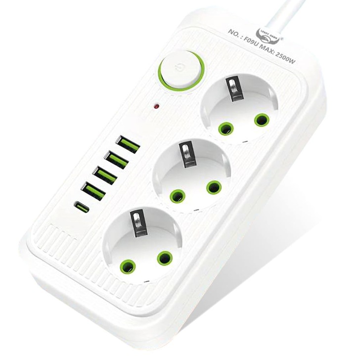 Elosztó, Hosszabbító kábellel, 3 aljzat, 4x USB 5V/2.1A, 1x Type C, Gyorstöltés, 2500W, Túlfeszültség védelemmel, Kapcsoló, 3m, SONORH, Fehér