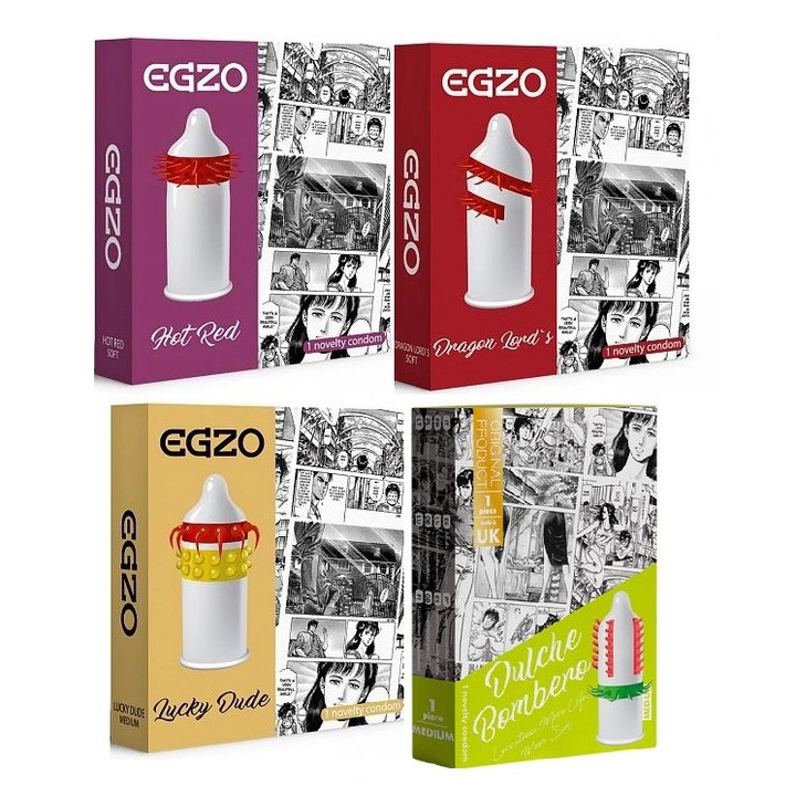 Set de 4 prezervative stimulatoare Spikes, Egzo, 2x Soft, 2x Medium