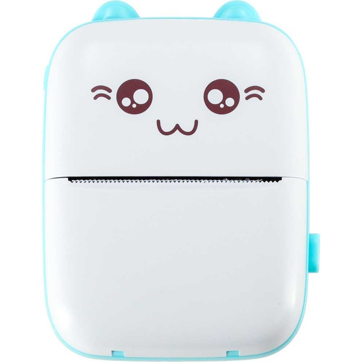 Mini imprimanta termica pentru fotografii si etichete cu cablu USB si rola termica inclusa, Ikonka, Albastru