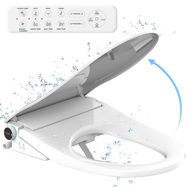 Capac WC cu Bideu Electric, Senzor de Miscare, Auto Dechidere si Inchidere a Capacului, Colac Incalzit, Uscator cu Aer Cald, Hidromasaj, Mod Eco, Functie Spalare Feminina si Pentru Copii, Filtru Pentru Curatarea Apei Inclus., Telecomanda