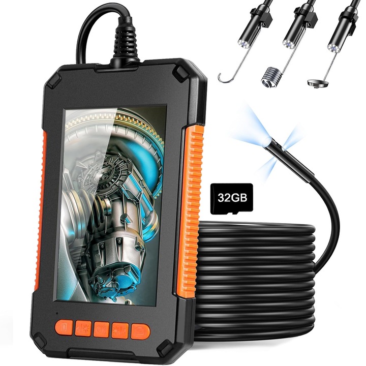 Camera Endoscop URWANDER® Ecran LCD 4.3", 1080P HD, 8 LED-uri, IP67, Baterie 2600mAh, Lentila 8mm, Cablu 5m, Portocaliu/Negru, 145x85x18mm