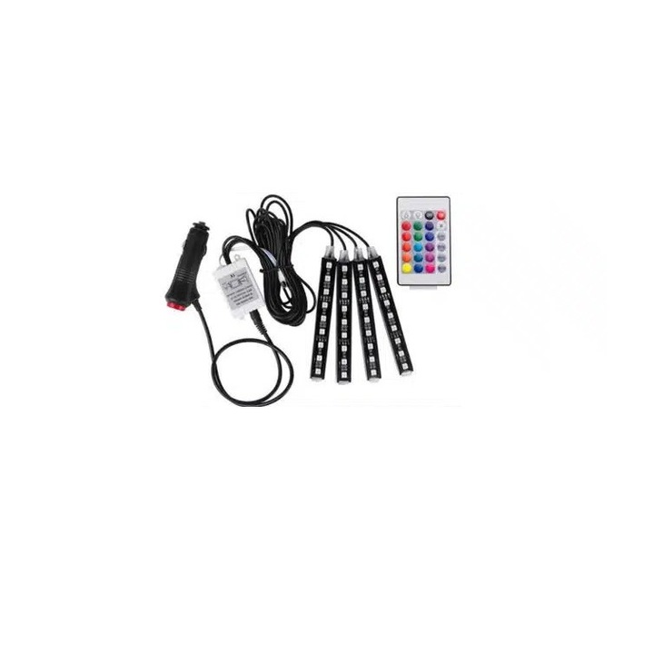 Kit Iluminare Ambientala Auto LED RGB, Interior, 4 benzi, Senzor Muzica, Multicolor, 12V, Cu Telecomanda, Miromoto®