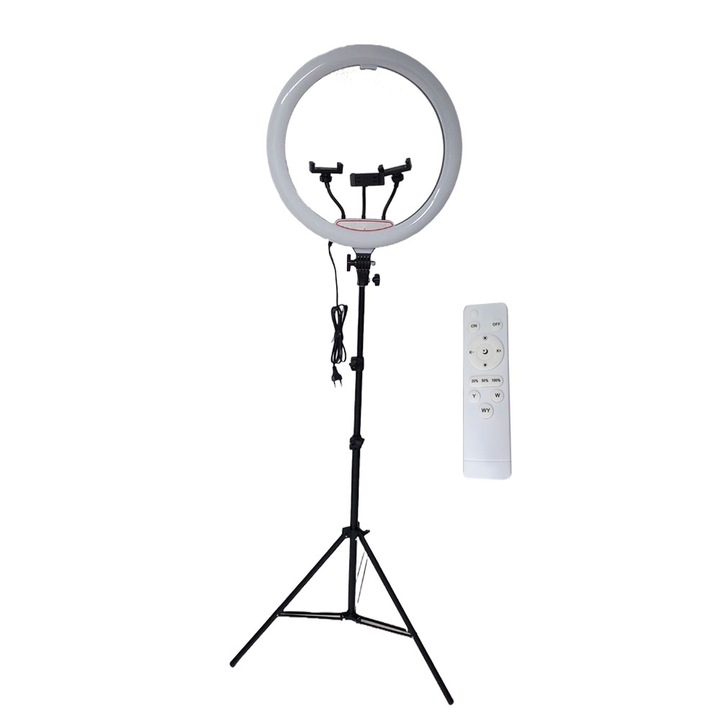 Professzionális körlámpa RING LIGHT LED, NEXTLY, érintésvezérlés, átmérő 45cm, 18inch, meleg/hideg/semleges fény, 10 világítási fokozat, 3 telefontartó, távirányító, állvány 210cm