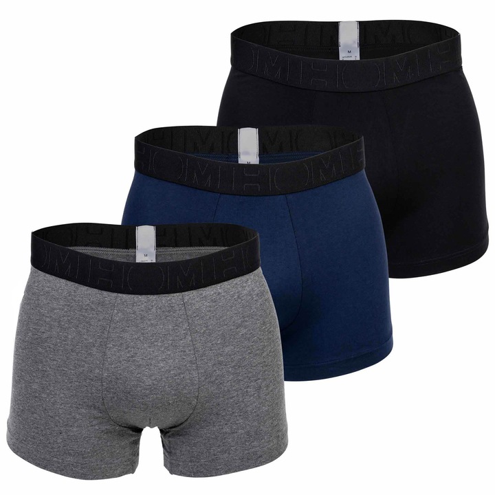 Hom, Set de boxeri cu model uni - 3 perechi, Negru/Gri/Albastru