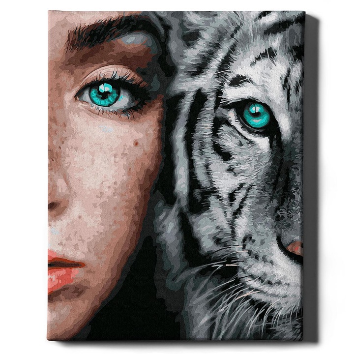 Paint by Numbers Szett Egy lány és egy fehér tigris - pamutvászon, fa keret, 40x50 cm Oh Art! - 3 ecset és akrilfesték