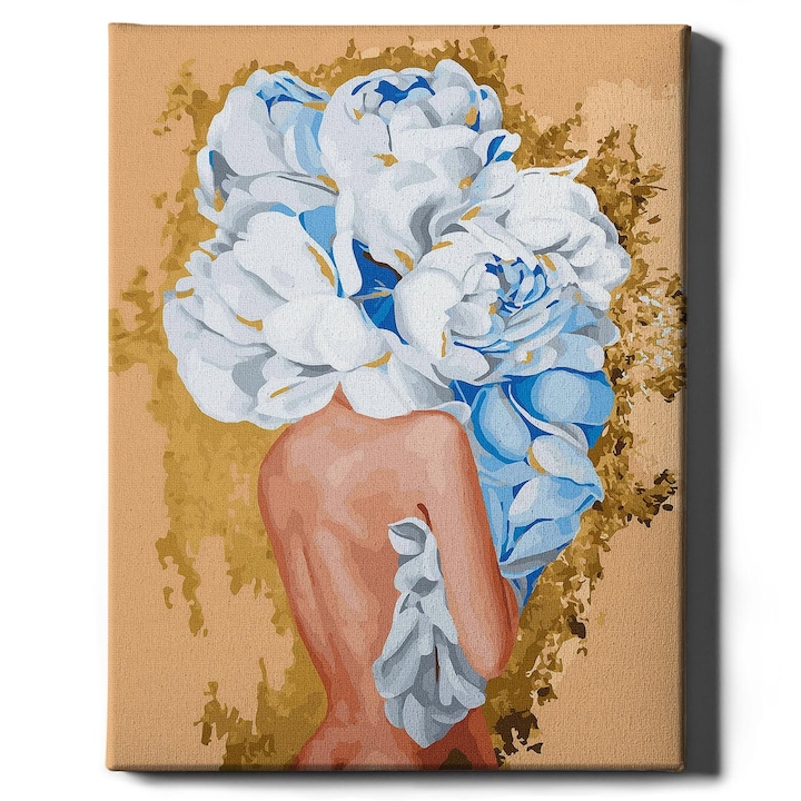 Pictura pe numere 40x50cm - Set complet cu panza numerotata cu vopsea cu sclipici auriu, Tablou cu Rama Femeie „Flori albastru deschis”, DIY pentru Adulti si Copii - Oh Art!®