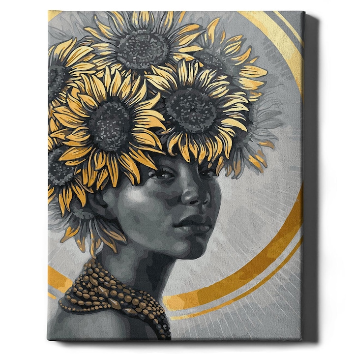 Set pictura pe numere, cu sasiu, Portret cu floarea soarelui - vopsea aurie, 40x50 cm