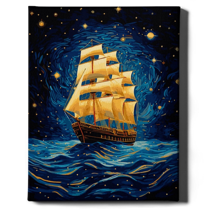Set pictura pe numere, cu sasiu, Corabie cu vele - vopsea aurie, 40x50 cm