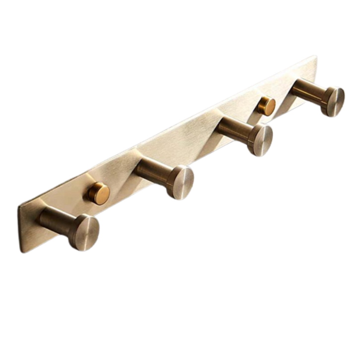 Cuier 4 agatatori pentru baie, pentru prosop/halat, din metal, auriu periat, otel inoxidabil anti-coroziv, accesorii de montaj incluse