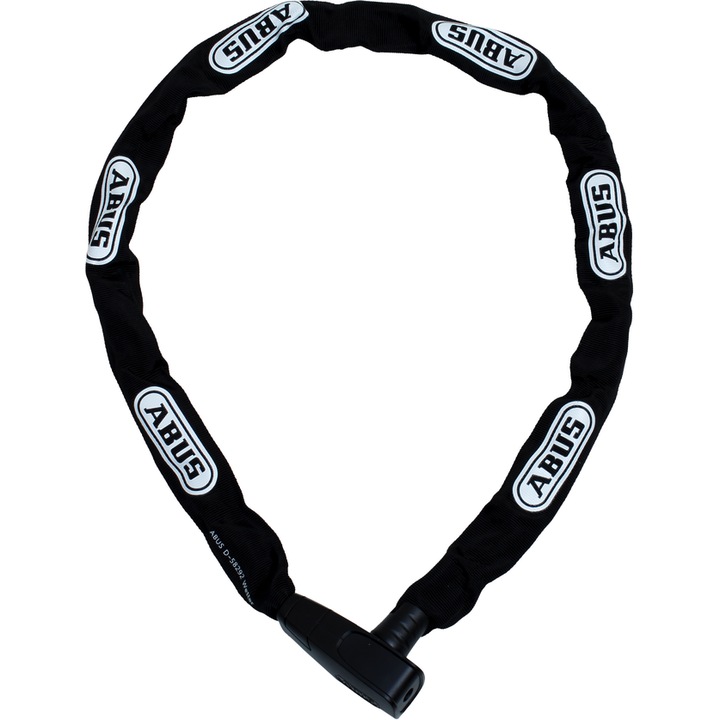 Abus 8800/120 2.0 kerékpár lopásgátló, szögletes lánc 7mm, textil hüvely, innovatív mechanizmus, 2 kulcs, fekete szín