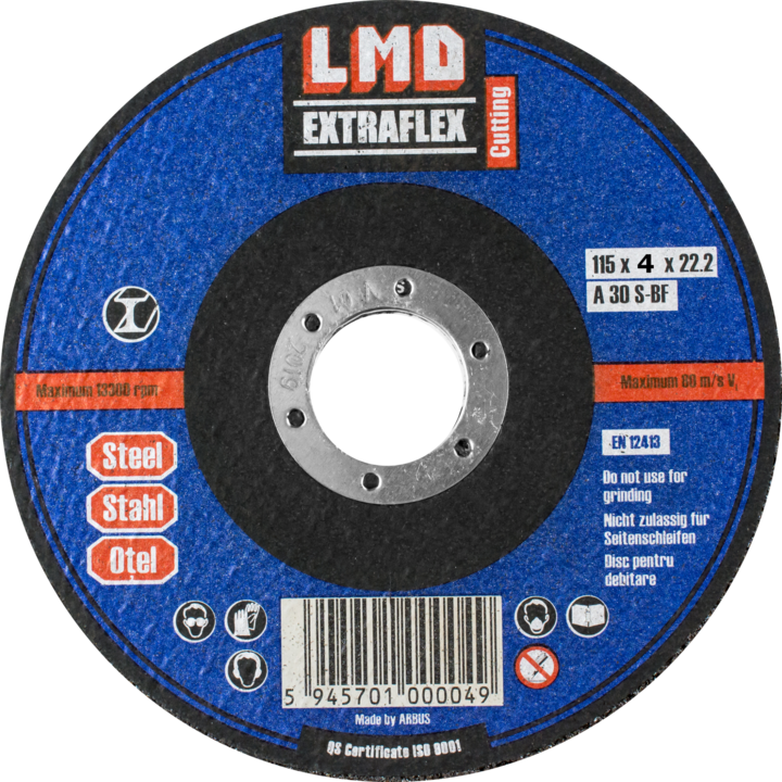 Подсигурен абразивен диск за премахване на ръбове на метал, LMD EXTRAFLEX, 115x4x22.2