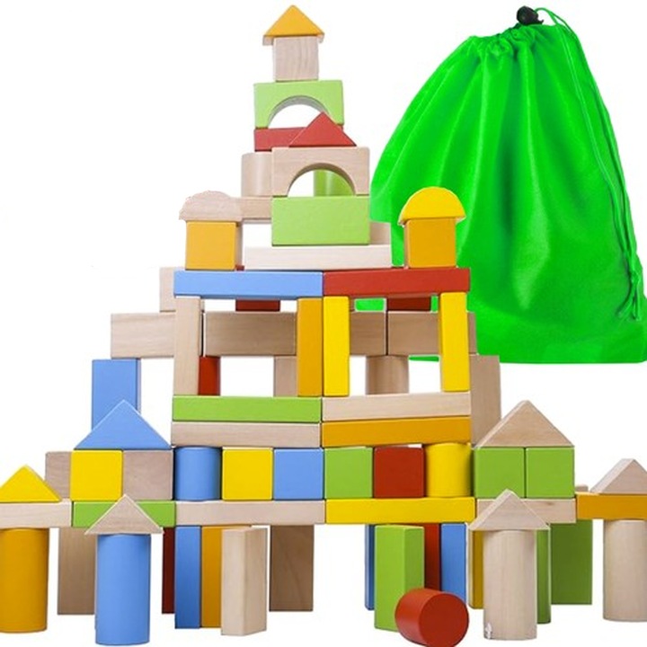 Set Constructie 100 Cuburi De Lemn De Diverse Culori, Jucarie Educativa Pentru Copii