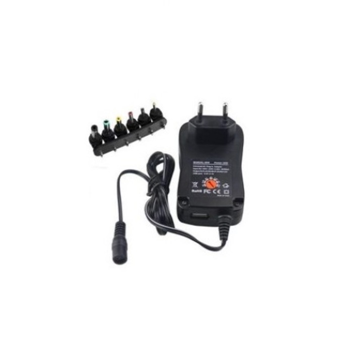 Incarcator Universal Miromoto®, Cu Tensiune Variabila 45W, USB, Cu 6 conectori de tip 3V / 4.5V / 5V / 6V / 7.5V / 9V / 12V, Negru