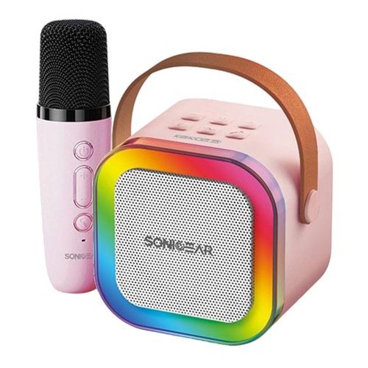 Set boxa portabila/microfon, Sonic Gear, Bluetooth 5.1, 70 dB, 2000 mAh, USB-C, Iluminare RGB, Multicolor