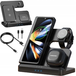 Incarcator Wireless Slayo Statie Incarcare 3 In 1 Qi Fast Charger 15W Incarcare Rapida Compatibil Cu Samsung Watch Toate Seriile Airpods Toate Modele si Iphone Android Samsung Huawei Xiaomi Negru Inclus Adaptor 3.0 Quick Charge Slayo Alb