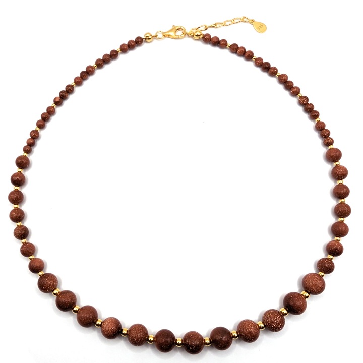 Állítható ezüst nyaklánc, Lexy's Boutique, napkő féldrágakövek, 24k aranyozott, arany/barna, max. 44,50 cm