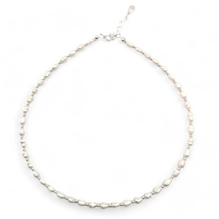 Állítható ezüst nyaklánc, Lexy's Boutique, természetes gyöngy 3x6 mm, ezüst/fehér, max. 40,50 cm
