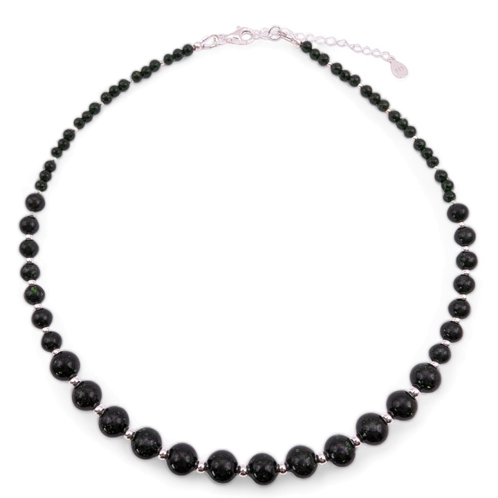 Colier handmade, ajustabil, din argint 925, Lexy's Boutique, pietre semipretioase piatra soarelui, argintiu/verde inchis, max. 45 cm