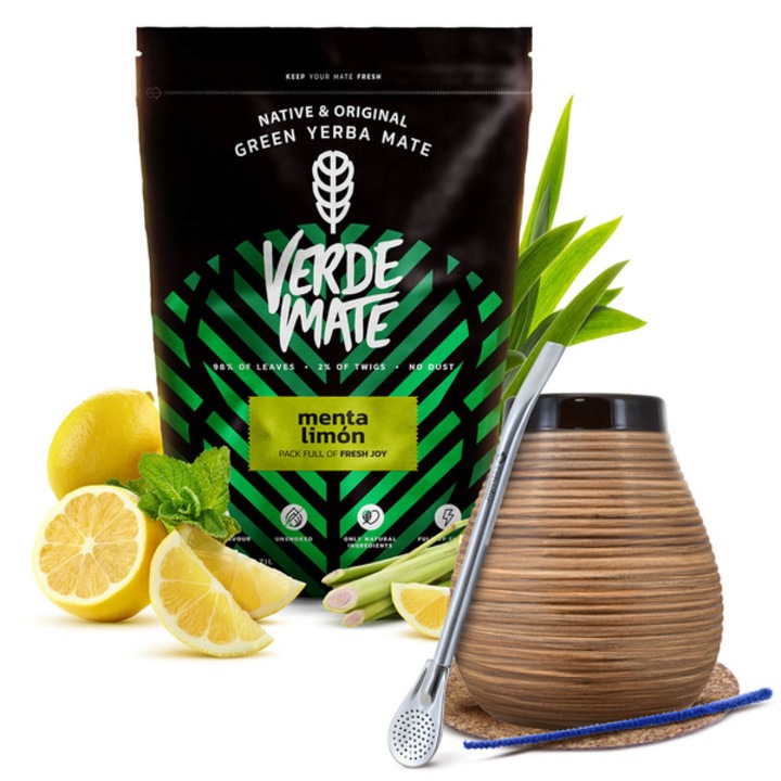 Ceai Yerba Mate Set, Verde Mate Menta Limon, 500g, Cana Maro Miere, 350 ml, Bombilla