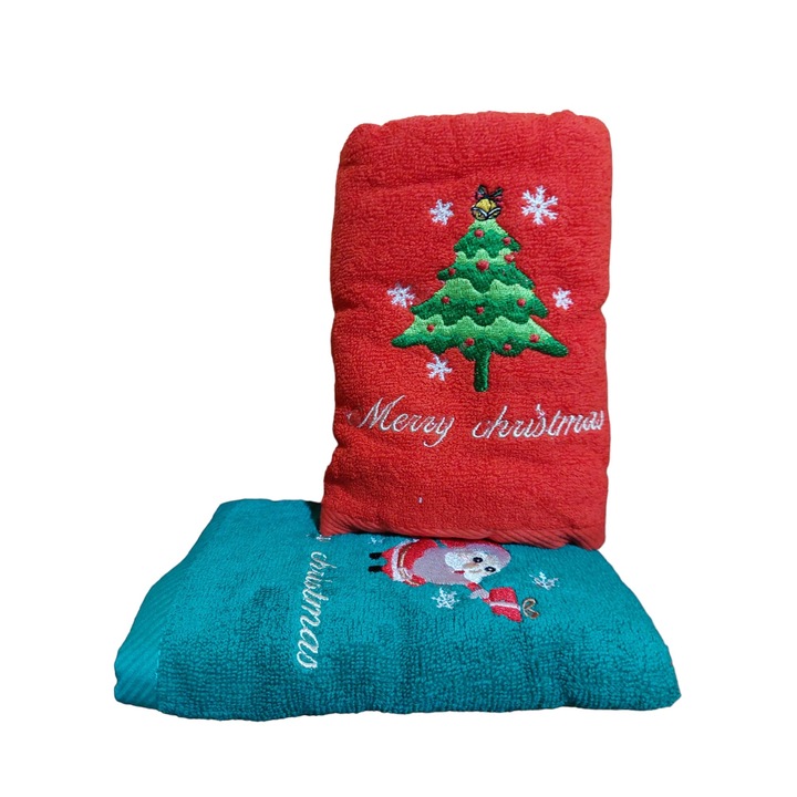 Комплект от две памучни кърпи, бродирани коледни мотиви, многоцветни, 34 х 74 см