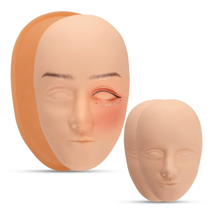 Set 3 bucati piele din silicon tip fata pentru practica tatuaj cu model ochi 5D, 1x baza de sustinere a pielii, 5x crema ingrijire tatuaj, microblading, make-up, atomus