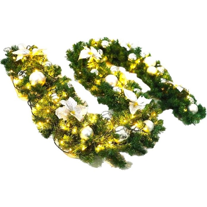 Ghirlanda pentru Craciun din brad artificial, decorata cu globuri, fundite argintii si instalatie cu lumina calda, 270 cm, Verde brad