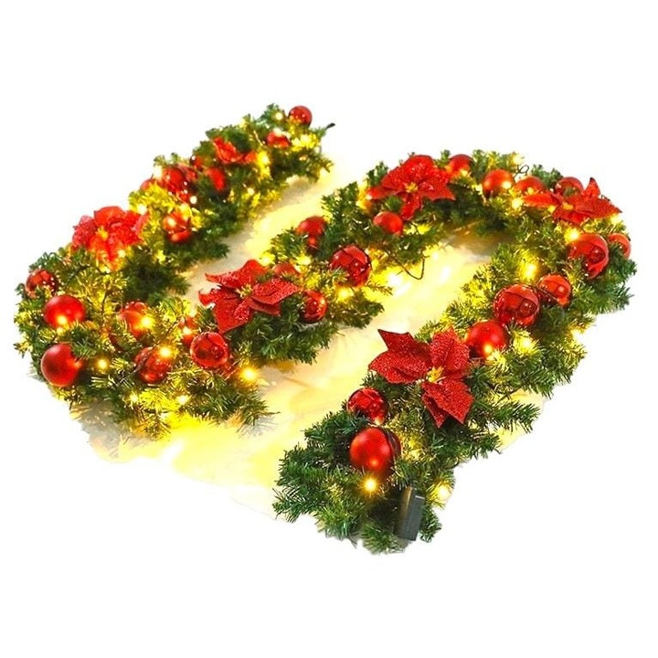 Ghirlanda pentru Craciun din brad artificial, decorata cu globuri si fundite rosii, 270 cm, Rosu Verde