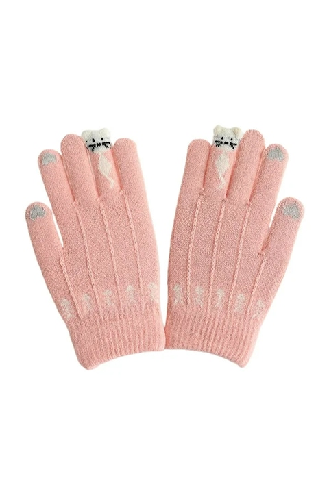 Дамски ръкавици, моден модел с котка на пръстен и сърца, тема котка и рибка, универсален размер, розово, EFAYN