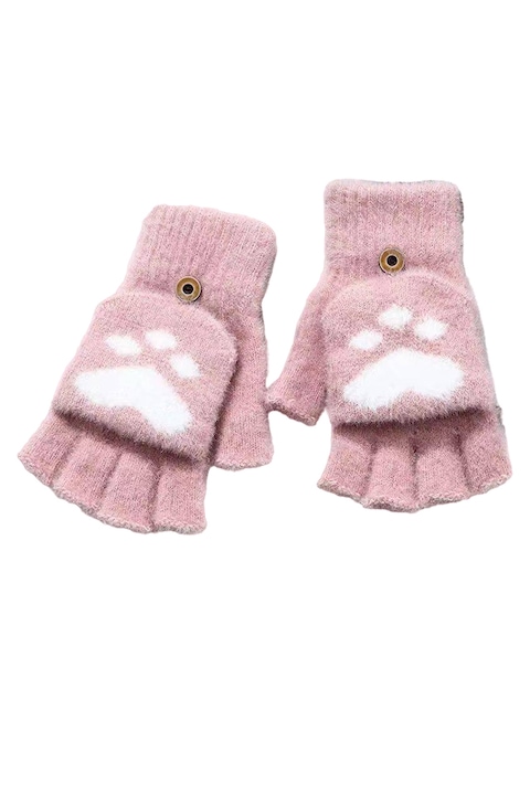 Ръкавици за тийнейджърки до 18 години, топли, модел с кабриолет и закопчаване с копчета, тема зимна котка, универсален размер, розови, EFAYN