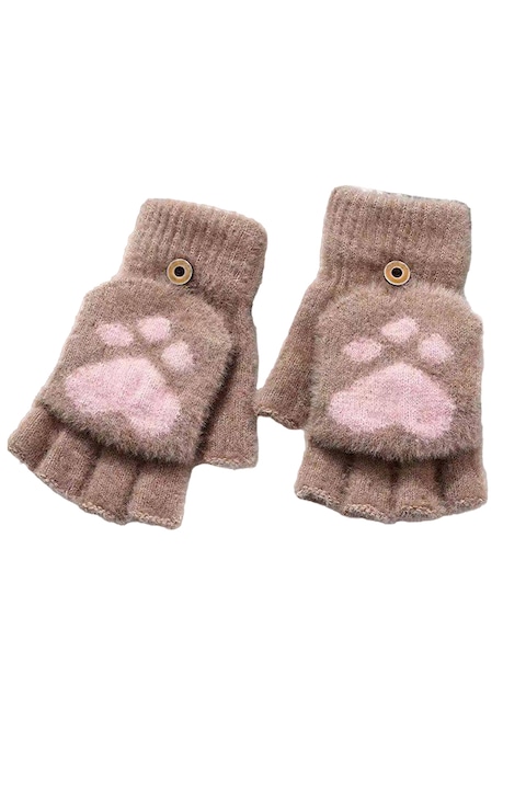 Ръкавици за тийнейджърки до 18 години, топли, тема зимна котка, универсален размер, кафяви, EFAYN
