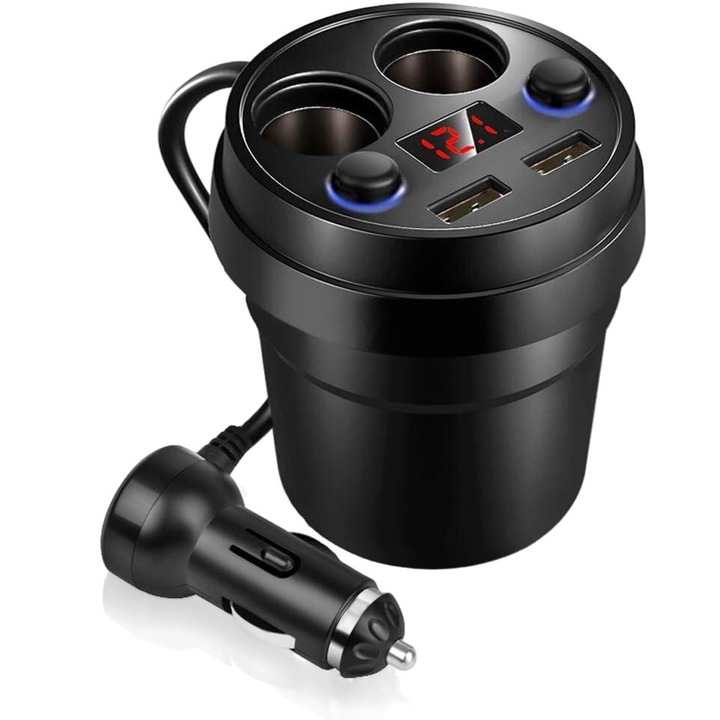 Autós töltő és szivargyújtó 2 az 1-ben, Jormftte, 12V-24V, LED, Fekete