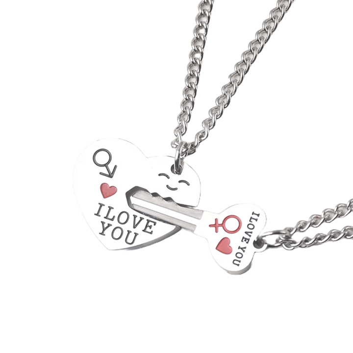 2 darabos páros nyakláncból álló készlet, évfordulós vagy Valentin-napi ajándék, szív és kulcs formájú lánc neki és neki, I Love You felirattal, ezüst, PriStyle®