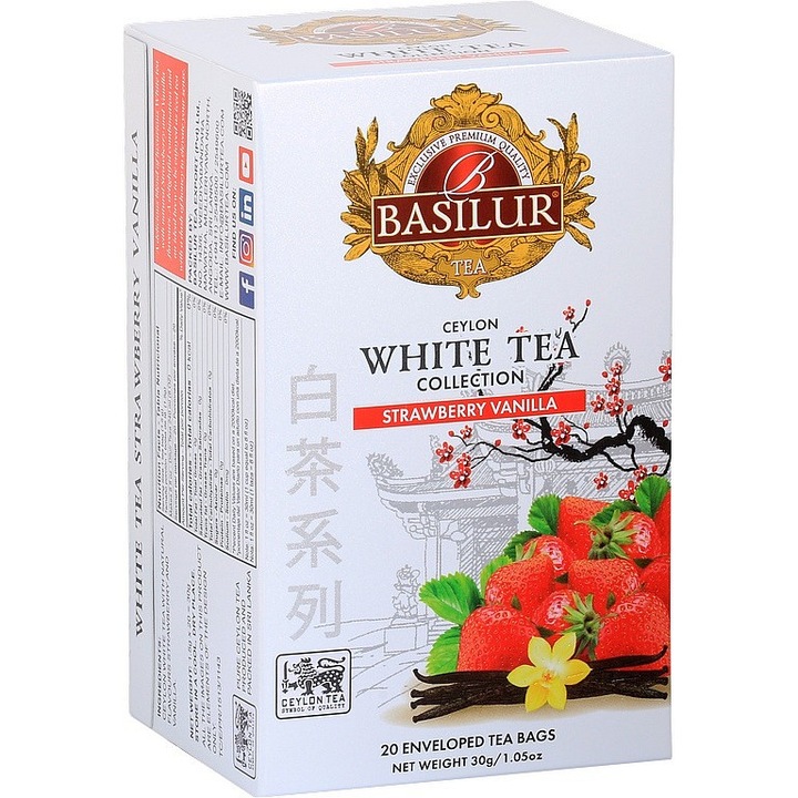 Ceai Alb, Basilur, White Tea Strawberry Vanilla, 20 plicuri, 30 g