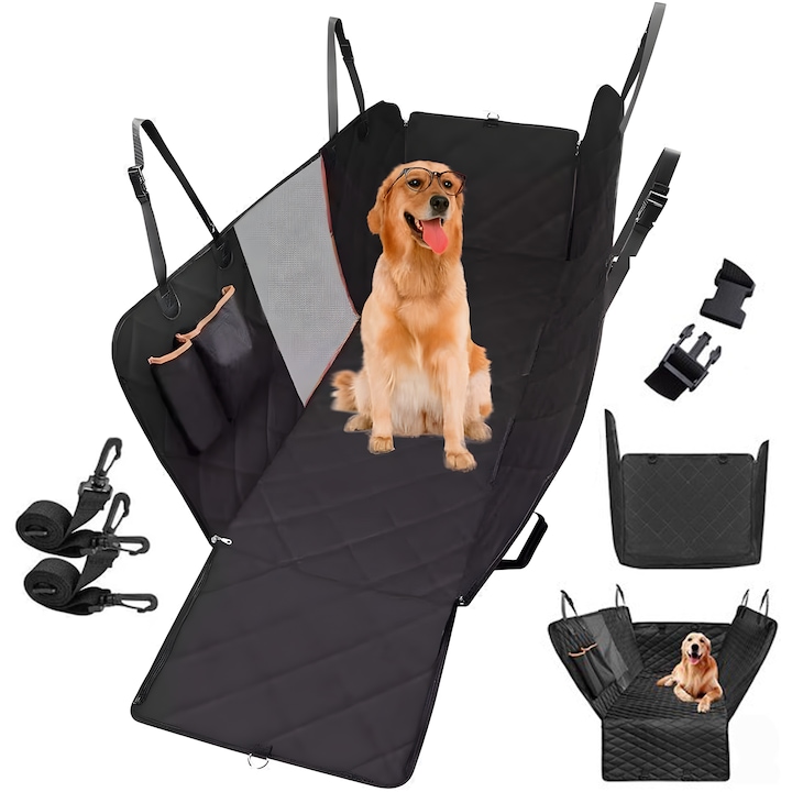 Husa auto de protectie pentru bancheta din spate ideala in transportul animalelor, Fish & Paws ® universala, previne zgarieturile si alunecarea cainilor sau pisicilor, impermeabila cu fereastra de plasa si fermoar, 137x147, Neagra