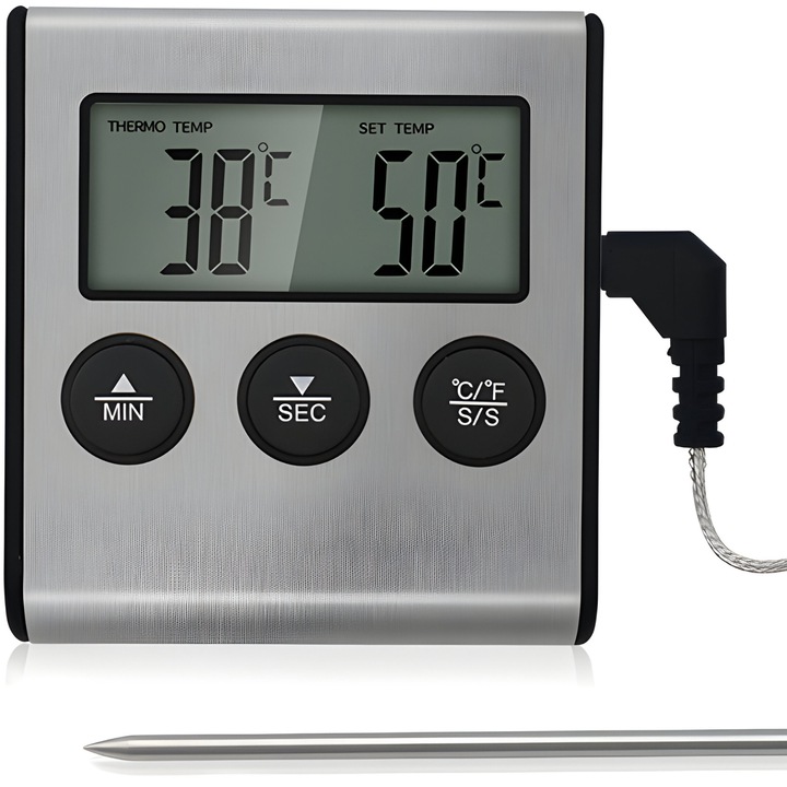 Termometru Digital De Cuptor Pentru Bucatarie / Mancare, Sonda Inox, Functie Timer Si Alarma, Argintiu