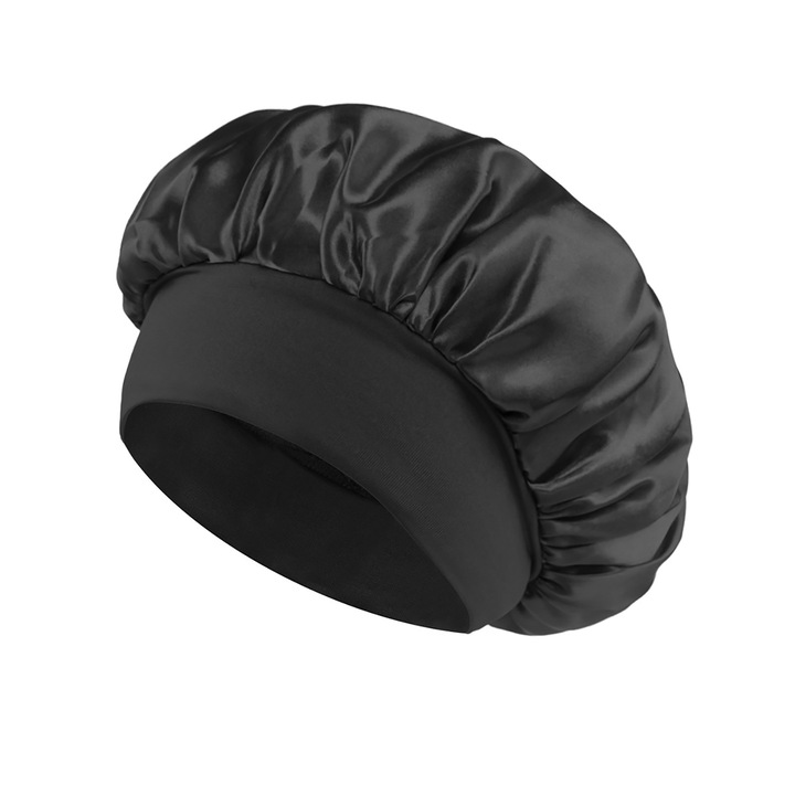 Boneta din Satin, Stnqtsrv, mentine hidratarea parului, reduce efectul de incurcare, cu banda elastica pentru o buna fixare, potrivita pentru par cret, Negru