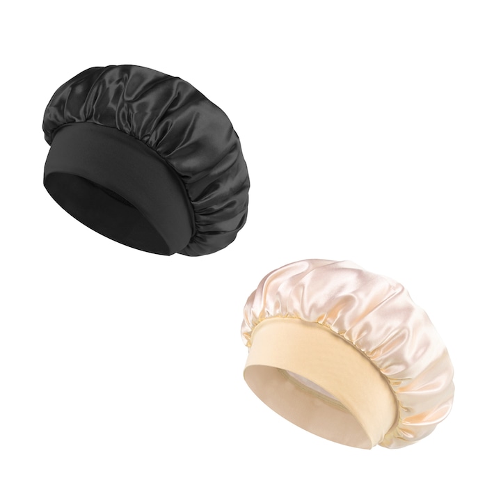 Комплект от 2 сатенени бонета, подходящи за обиколка на главата от около 50 см, с еластична лента, черно/бежово
