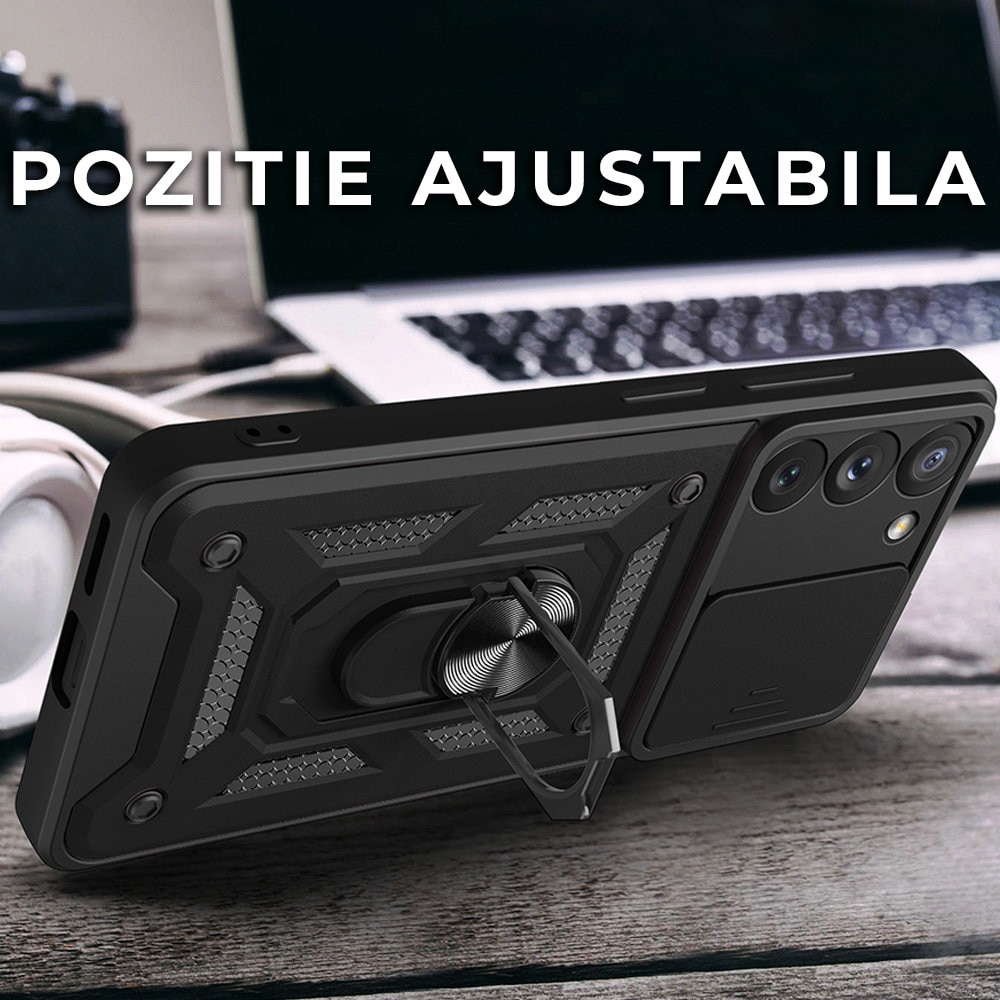 Husa pentru Samsung Galaxy S22 5G Premium Hybrid Armor Kickstand, Slider Camera, Antisoc, Protectie Superioara, Negru
