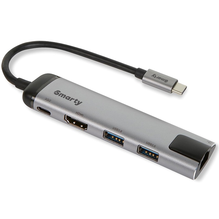 Hub Adaptor Type-C Smarty Light VBoost 5n1, 2 porturi USB, 1x HDMI, 1x Type C, 1x Port Internet 1000Mbps, Gri