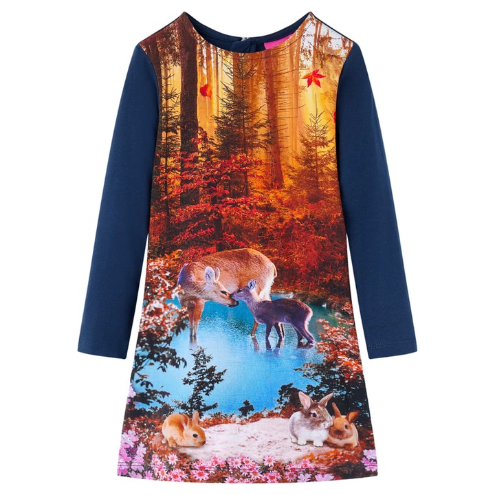 Rochie pentru copii cu maneci lungi imprimeu caprioara vidaXL, bleumarin, Albastru