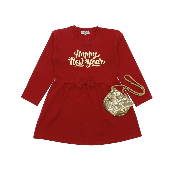 Rochita cu gentuta din paiete cu tematica HAPPY NEW YEAR pentru copii/fetite, ERAKIDS, bumbac, Rosu