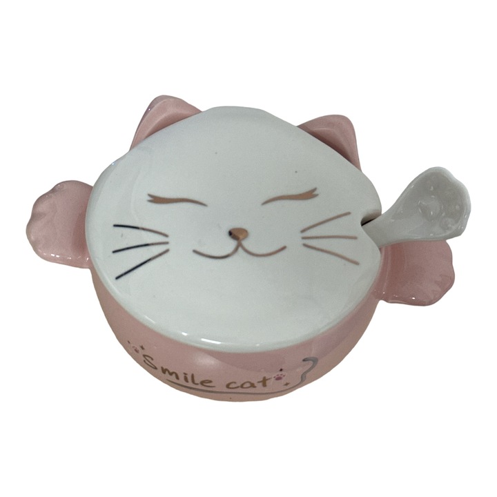 Set Bol cu Capac si Lingurita, model pisica roz, 15 x 13 x 12cm